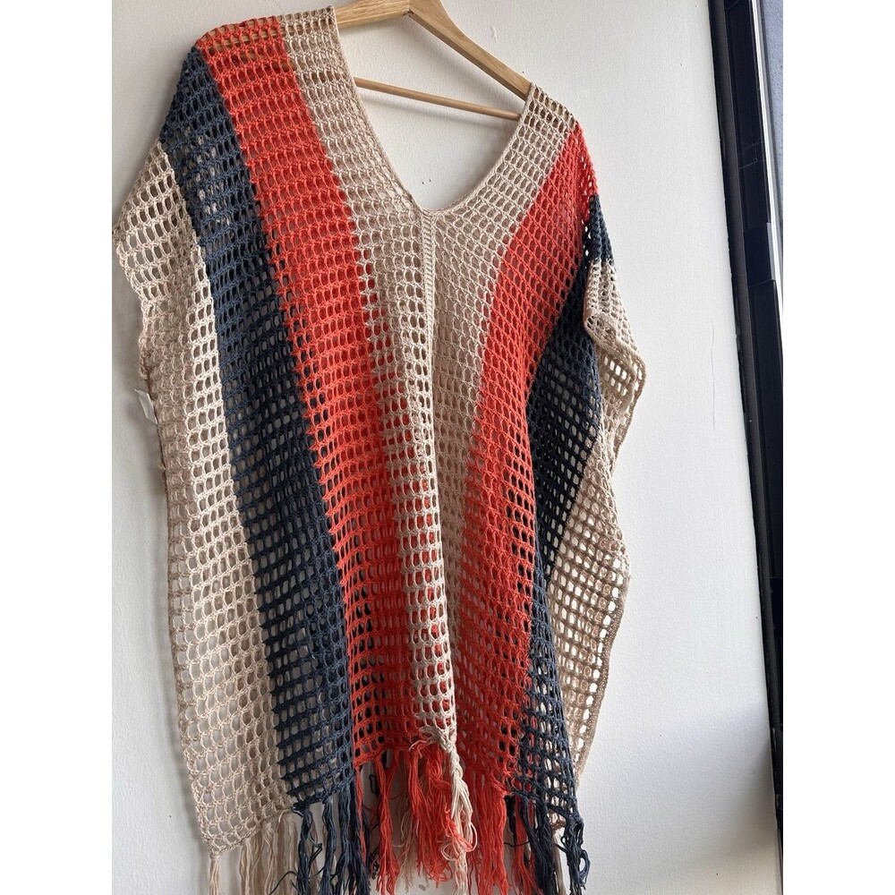 Women’s Lightweight Beach Cover Up  Knit Striped V-Neck Fringe Poncho Top